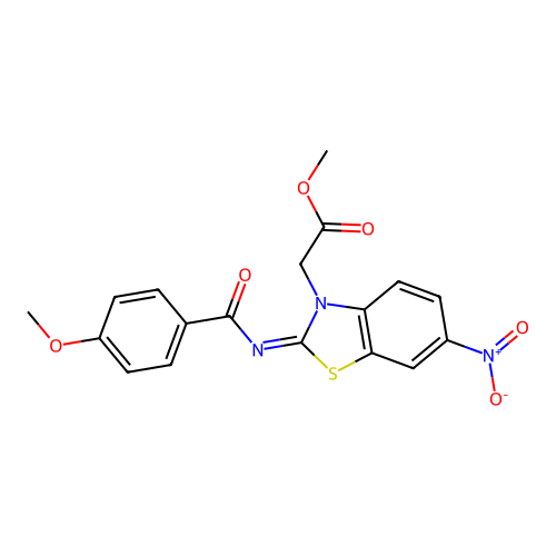 Methyl 2-[2-(4-methoxybenzoyl)imino-6-nitro-1,3-benzothiazol-3-yl]acetate structure