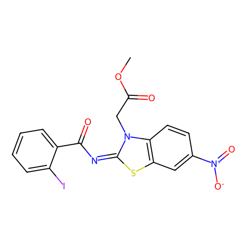 (Z)-methyl 2-(2-((2-iodobenzoyl)imino)-6-nitrobenzo[d]thiazol-3(2H)-yl)acetate structure
