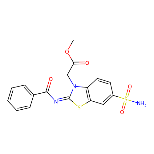 Methyl 2-(2-benzoylimino-6-sulfamoyl-1,3-benzothiazol-3-yl)acetate structure