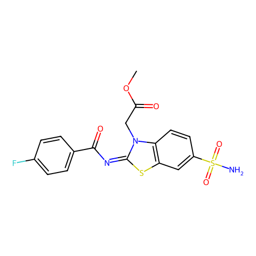 Methyl 2-[2-(4-fluorobenzoyl)imino-6-sulfamoyl-1,3-benzothiazol-3-yl]acetate structure