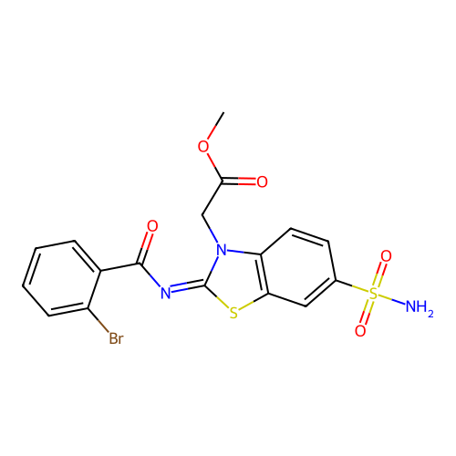 (Z)-methyl 2-(2-((2-bromobenzoyl)imino)-6-sulfamoylbenzo[d]thiazol-3(2H)-yl)acetate structure
