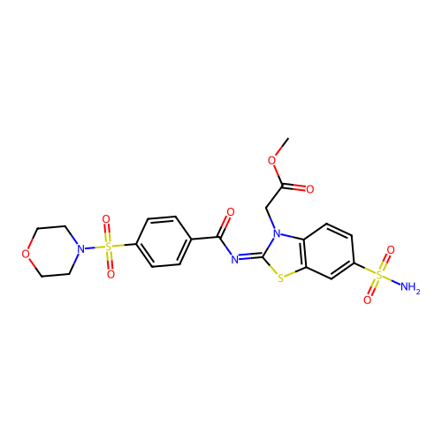 methyl 2-[2-(4-morpholin-4-ylsulfonylbenzoyl)imino-6-sulfamoyl-1,3-benzothiazol-3-yl]acetate structure