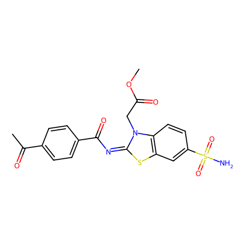 Methyl 2-[2-(4-acetylbenzoyl)imino-6-sulfamoyl-1,3-benzothiazol-3-yl]acetate structure