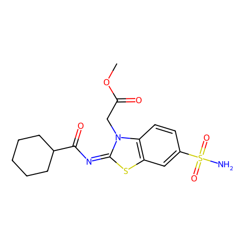 Methyl 2-[2-(cyclohexanecarbonylimino)-6-sulfamoyl-1,3-benzothiazol-3-yl]acetate structure