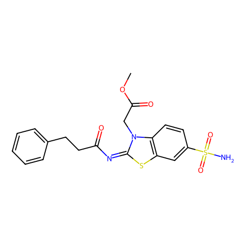 Methyl 2-[2-(3-phenylpropanoylimino)-6-sulfamoyl-1,3-benzothiazol-3-yl]acetate structure