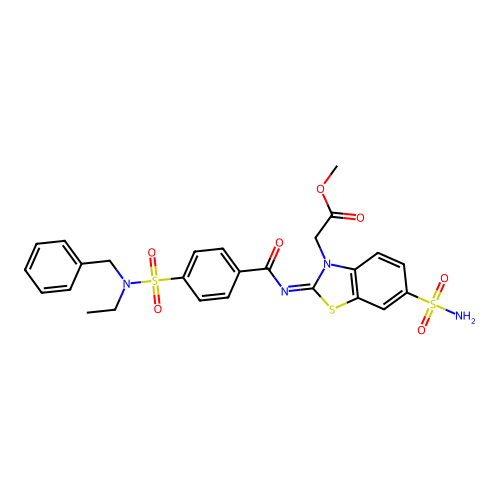 (Z)-methyl 2-(2-((4-(N-benzyl-N-ethylsulfamoyl)benzoyl)imino)-6-sulfamoylbenzo[d]thiazol-3(2H)-yl)acetate structure