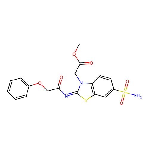 Methyl 2-[2-(2-phenoxyacetyl)imino-6-sulfamoyl-1,3-benzothiazol-3-yl]acetate structure