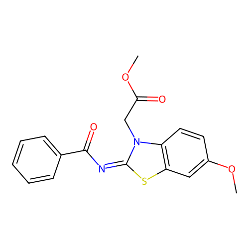 Methyl 2-(2-benzoylimino-6-methoxy-1,3-benzothiazol-3-yl)acetate structure