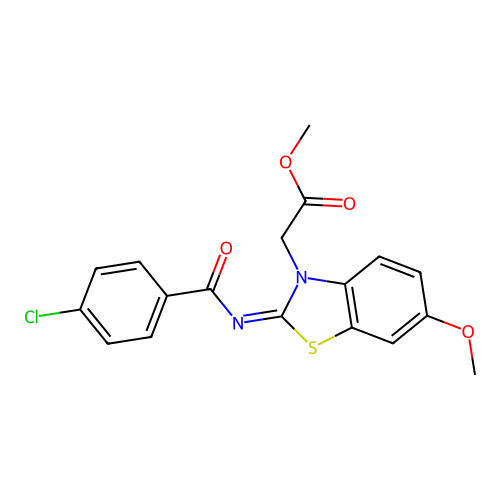Methyl 2-[2-(4-chlorobenzoyl)imino-6-methoxy-1,3-benzothiazol-3-yl]acetate structure