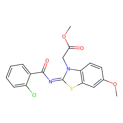 Methyl 2-[2-(2-chlorobenzoyl)imino-6-methoxy-1,3-benzothiazol-3-yl]acetate structure