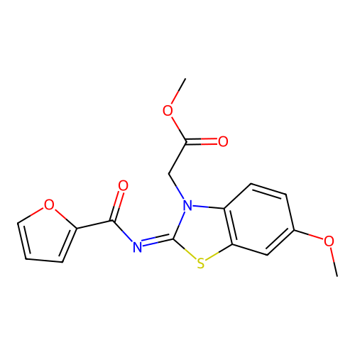 Methyl 2-[2-(furan-2-carbonylimino)-6-methoxy-1,3-benzothiazol-3-yl]acetate structure