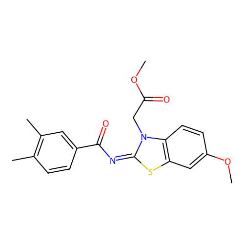 Methyl 2-[2-(3,4-dimethylbenzoyl)imino-6-methoxy-1,3-benzothiazol-3-yl]acetate structure