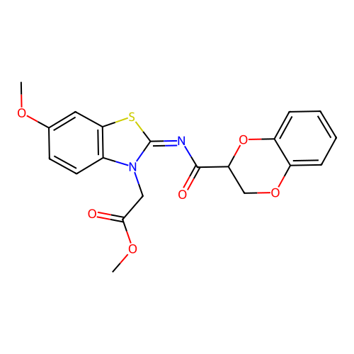 (Z)-methyl 2-(2-((2,3-dihydrobenzo[b][1,4]dioxine-2-carbonyl)imino)-6-methoxybenzo[d]thiazol-3(2H)-yl)acetate structure