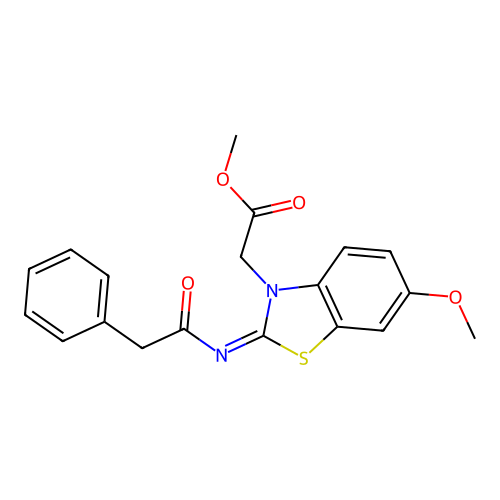 Methyl 2-[6-methoxy-2-(2-phenylacetyl)imino-1,3-benzothiazol-3-yl]acetate structure