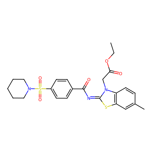 (Z)-ethyl 2-(6-methyl-2-((4-(piperidin-1-ylsulfonyl)benzoyl)imino)benzo[d]thiazol-3(2H)-yl)acetate structure