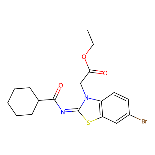 Ethyl 2-[6-bromo-2-(cyclohexanecarbonylimino)-1,3-benzothiazol-3-yl]acetate structure