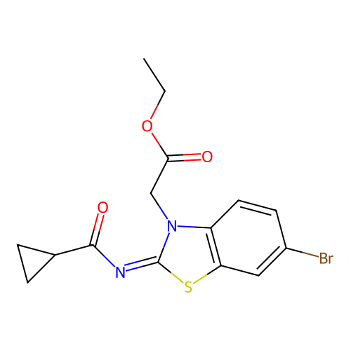 Ethyl 2-[6-bromo-2-(cyclopropanecarbonylimino)-1,3-benzothiazol-3-yl]acetate structure
