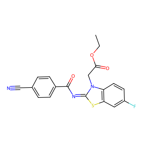 (Z)-ethyl 2-(2-((4-cyanobenzoyl)imino)-6-fluorobenzo[d]thiazol-3(2H)-yl)acetate structure