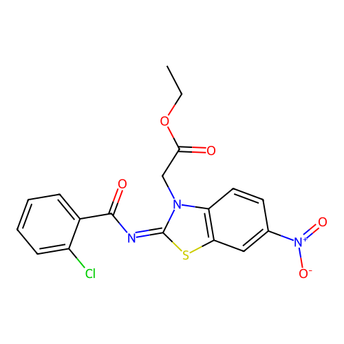 Ethyl 2-[2-(2-chlorobenzoyl)imino-6-nitro-1,3-benzothiazol-3-yl]acetate structure