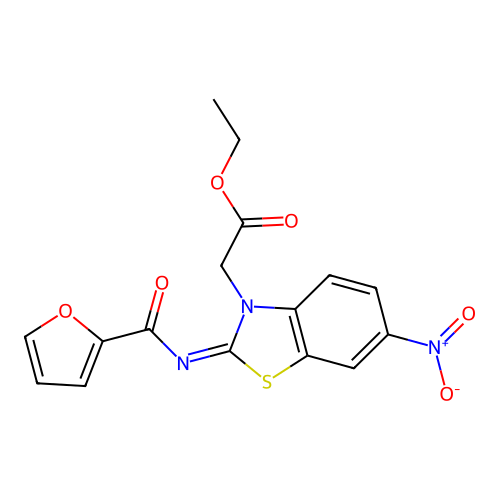 Ethyl 2-[2-(furan-2-carbonylimino)-6-nitro-1,3-benzothiazol-3-yl]acetate structure