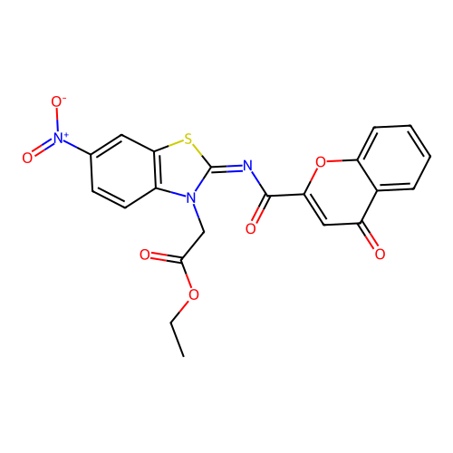 Ethyl 2-[6-nitro-2-(4-oxochromene-2-carbonyl)imino-1,3-benzothiazol-3-yl]acetate structure