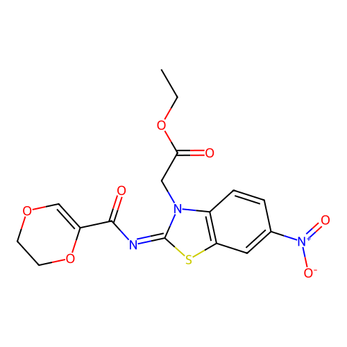 (Z)-ethyl 2-(2-((5,6-dihydro-1,4-dioxine-2-carbonyl)imino)-6-nitrobenzo[d]thiazol-3(2H)-yl)acetate structure