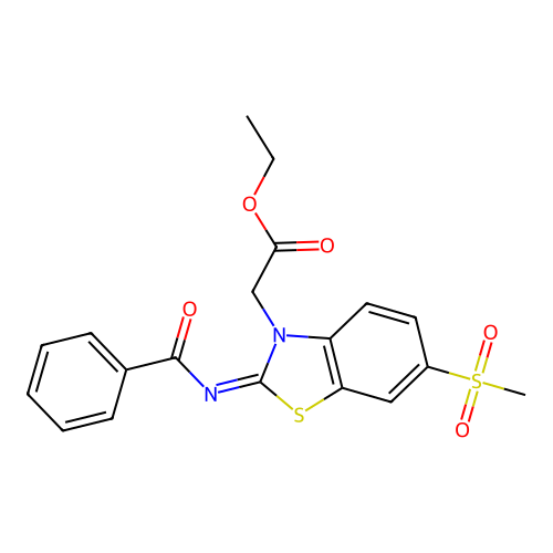 Ethyl 2-(2-benzoylimino-6-methylsulfonyl-1,3-benzothiazol-3-yl)acetate structure