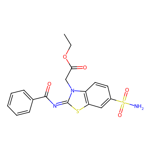 Ethyl 2-(2-benzoylimino-6-sulfamoyl-1,3-benzothiazol-3-yl)acetate structure