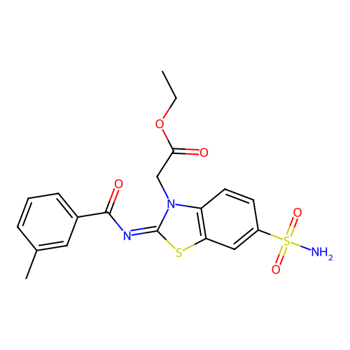 Ethyl 2-[2-(3-methylbenzoyl)imino-6-sulfamoyl-1,3-benzothiazol-3-yl]acetate structure