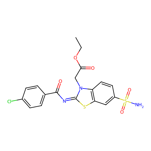 Ethyl 2-[2-(4-chlorobenzoyl)imino-6-sulfamoyl-1,3-benzothiazol-3-yl]acetate structure