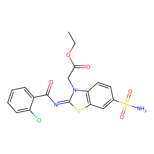 Ethyl 2-[2-(2-chlorobenzoyl)imino-6-sulfamoyl-1,3-benzothiazol-3-yl]acetate structure