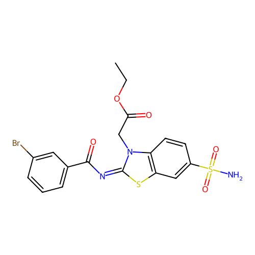 Ethyl 2-[2-(3-bromobenzoyl)imino-6-sulfamoyl-1,3-benzothiazol-3-yl]acetate structure