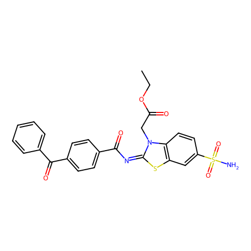 Ethyl 2-[2-(4-benzoylbenzoyl)imino-6-sulfamoyl-1,3-benzothiazol-3-yl]acetate structure