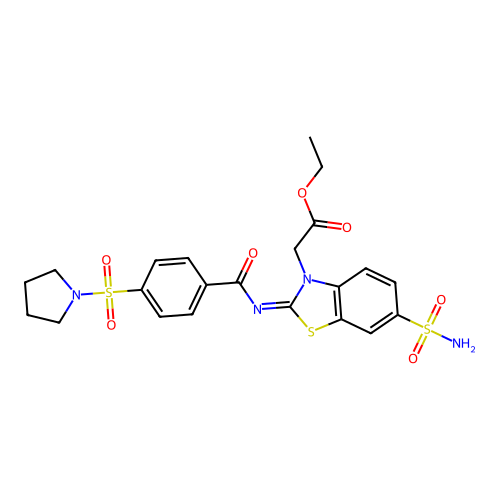 (Z)-ethyl 2-(2-((4-(pyrrolidin-1-ylsulfonyl)benzoyl)imino)-6-sulfamoylbenzo[d]thiazol-3(2H)-yl)acetate structure