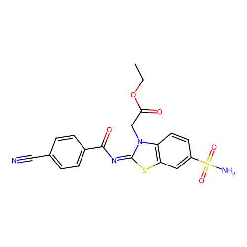 Ethyl 2-[2-(4-cyanobenzoyl)imino-6-sulfamoyl-1,3-benzothiazol-3-yl]acetate structure