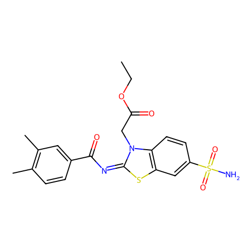 Ethyl 2-[2-(3,4-dimethylbenzoyl)imino-6-sulfamoyl-1,3-benzothiazol-3-yl]acetate structure