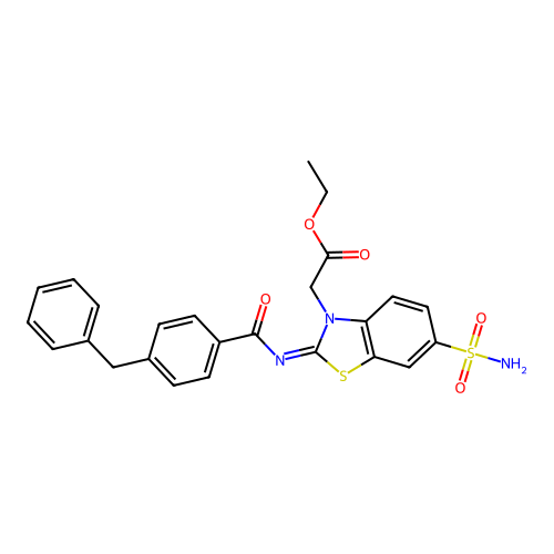 Ethyl 2-[2-(4-benzylbenzoyl)imino-6-sulfamoyl-1,3-benzothiazol-3-yl]acetate structure