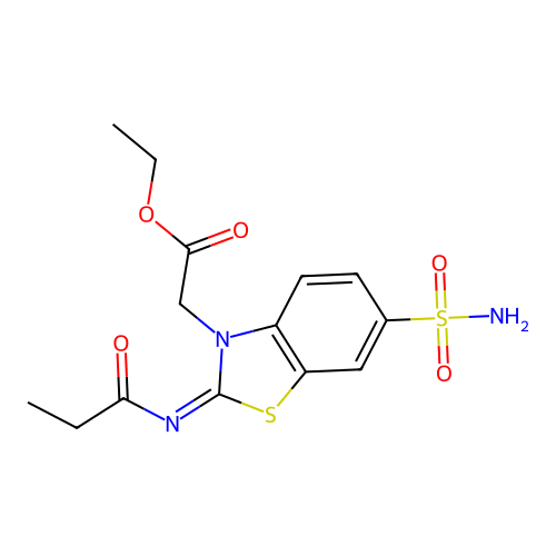 Ethyl 2-(2-propanoylimino-6-sulfamoyl-1,3-benzothiazol-3-yl)acetate structure