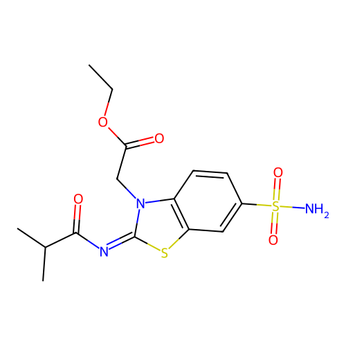 (Z)-ethyl 2-(2-(isobutyrylimino)-6-sulfamoylbenzo[d]thiazol-3(2H)-yl)acetate structure