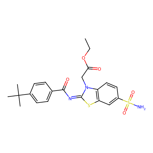 Ethyl 2-[2-(4-tert-butylbenzoyl)imino-6-sulfamoyl-1,3-benzothiazol-3-yl]acetate structure