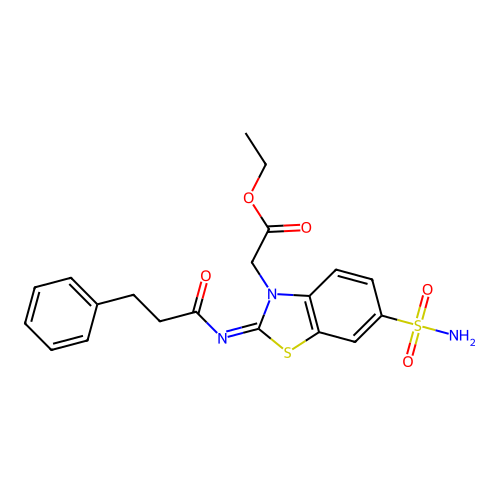 Ethyl 2-[2-(3-phenylpropanoylimino)-6-sulfamoyl-1,3-benzothiazol-3-yl]acetate structure