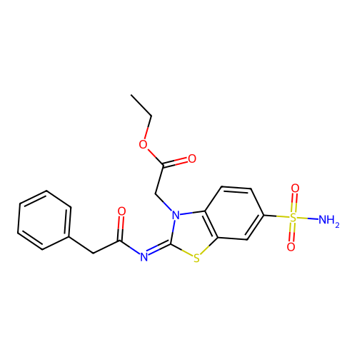 Ethyl 2-[2-(2-phenylacetyl)imino-6-sulfamoyl-1,3-benzothiazol-3-yl]acetate structure