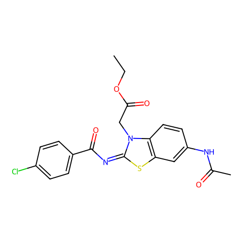 Ethyl 2-[6-acetamido-2-(4-chlorobenzoyl)imino-1,3-benzothiazol-3-yl]acetate structure