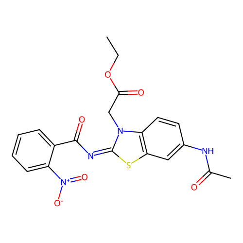 Ethyl 2-[6-acetamido-2-(2-nitrobenzoyl)imino-1,3-benzothiazol-3-yl]acetate structure