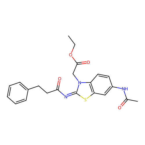 (Z)-ethyl 2-(6-acetamido-2-((3-phenylpropanoyl)imino)benzo[d]thiazol-3(2H)-yl)acetate structure