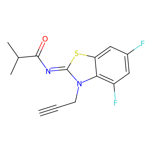 N-(4,6-difluoro-3-prop-2-ynyl-1,3-benzothiazol-2-ylidene)-2-methylpropanamide structure