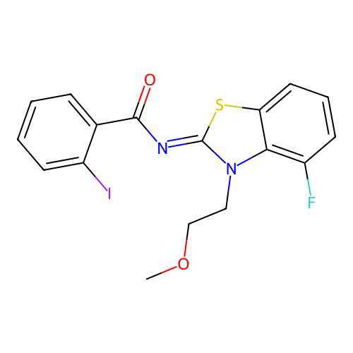 (Z)-N-(4-fluoro-3-(2-methoxyethyl)benzo[d]thiazol-2(3H)-ylidene)-2-iodobenzamide structure