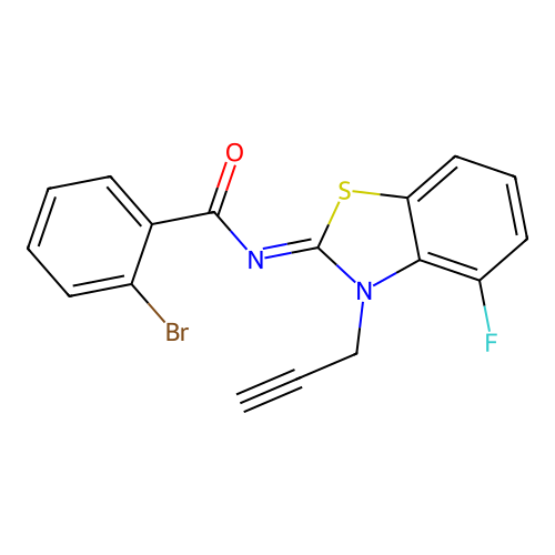 2-bromo-N-(4-fluoro-3-prop-2-ynyl-1,3-benzothiazol-2-ylidene)benzamide structure
