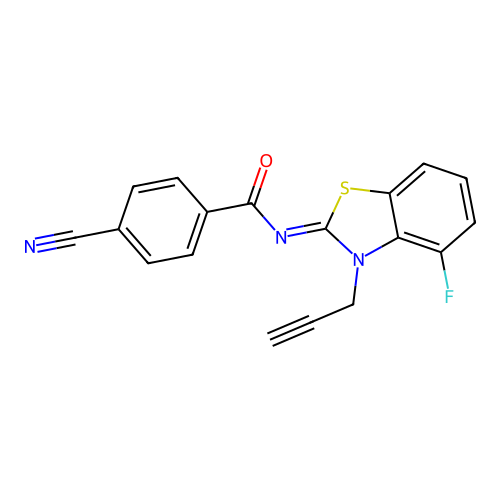 4-cyano-N-(4-fluoro-3-prop-2-ynyl-1,3-benzothiazol-2-ylidene)benzamide structure