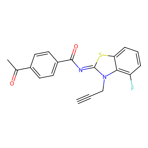 4-acetyl-N-(4-fluoro-3-prop-2-ynyl-1,3-benzothiazol-2-ylidene)benzamide structure